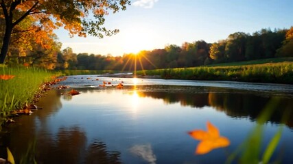 Wall Mural - autumn sunset over a calm river. orange leaves float on the water's surface, with lush green grass a