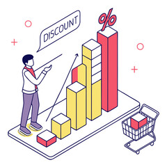 Poster - Isometric illustration of a man presenting a discount graph with a shopping cart on a platform design