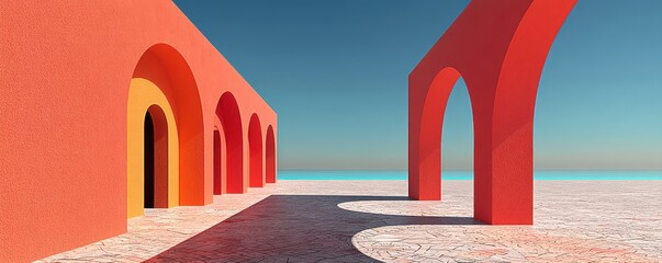 Poster - Abstract depiction of red arches with a coastal horizon under clear skies