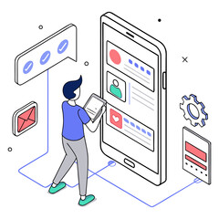 Poster - Isometric illustration of a person using a tablet interacting with a large smartphone interface application