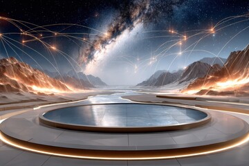 Poster - Futuristic landscape with glowing network over mountains and reflective pool