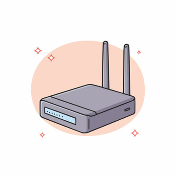 Cartoon illustration of a wifi router with antennas on a pink background