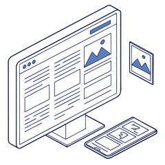 Poster - Isometric illustration of a blog website interface with articles and user profiles shown on screen