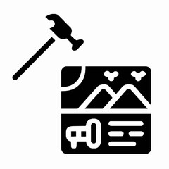 Poster - Hammer breaking a board with landscape elements and communication icon in black and white