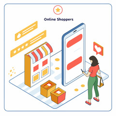 Poster - Isometric view of a woman shopping online with a mobile phone near a store and product boxes and ratings