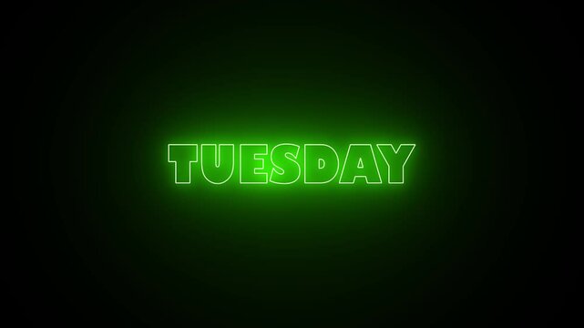 Glowing neon lines Tuesday text animation on black background. Seamless loop. 7 days a week name Tuesday neon effect text animation.