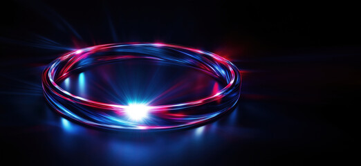 Poster - Glowing abstract ring with vibrant blue and red light trails on dark background.