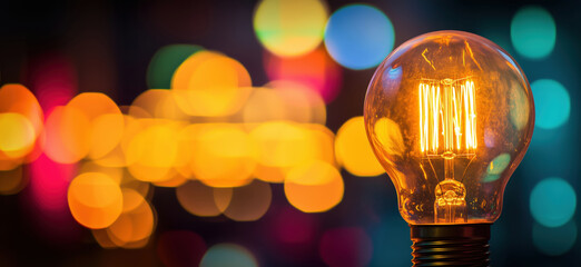 Poster - Vintage light bulb glowing against colorful bokeh background for artistic ambiance.