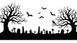 © Rani - Haunted Graveyard Silhouette with Twisted Trees, Bats, and Tombstones – Halloween Background