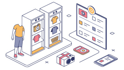 Poster - Isometric view of a person shopping in a store with shelves and a digital interface and a shopping cart