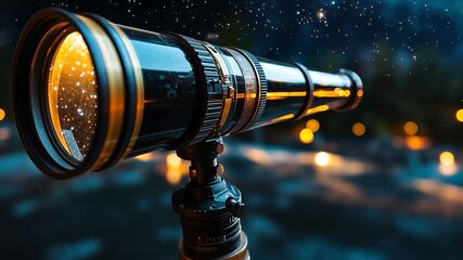 Wall Mural - close-up view of a vintage telescope pointed towards a starry night sky, with warm-toned lights in t