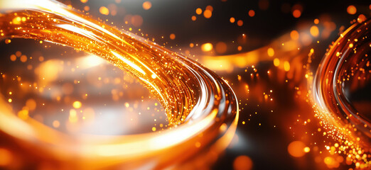 Poster - Glowing orange abstract light trails with sparkling particles in dynamic motion.
