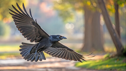 jungle crow flying with spread wings and colorful blurred background