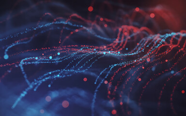 Poster - digital data network with flowing lines and glowing dots forming abstract connectivity and communication pattern