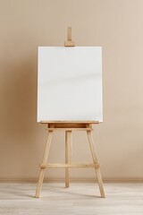Aufkleber - A light wood easel holds a blank white canvas against a beige wall, sunlight softly illuminating it