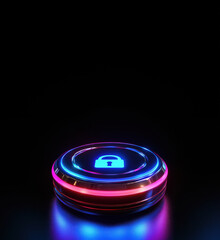 Poster - Futuristic glowing lock button with neon lights on dark background.