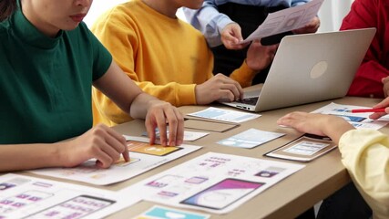 Poster - Panorama video of startup company employee planning on user interface prototype for mobile application or website in office. UX UI designer brainstorm designing user friendly interface plan. Synergic