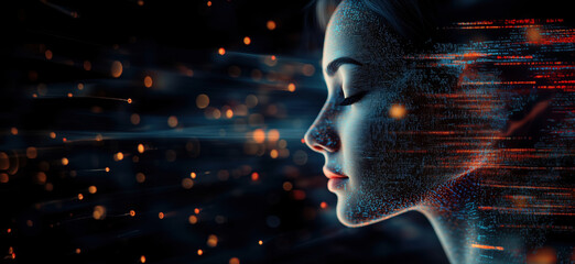 Poster - Digital transformation of human identity with glowing data streams and abstract background.