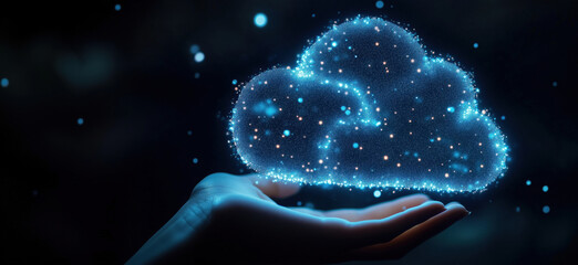 Poster - Glowing digital cloud above hand representing cloud computing and technology innovation.