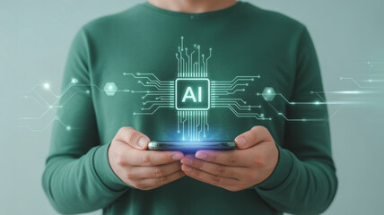 Poster - AI customer support for ecommerce. AI technology innovation smartphone digital futuristic communication network concept person. AI for service