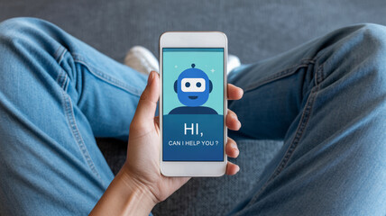 Poster - AI customer support for ecommerce. AI chatbot, customer support, mobile phone, technology, digital assistant, communication, help. AI for service