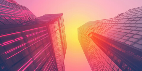 Poster - Modern skyscrapers with vibrant sunset glow and colorful reflections.