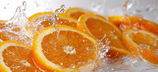 Poster - Fresh orange slices splashing in water creating vibrant and refreshing scene.