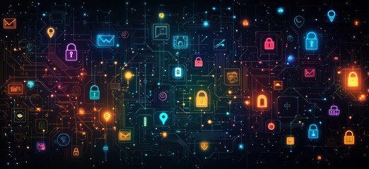 Poster - Digital network security concept with colorful icons and circuit patterns.