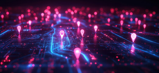 Poster - Digital network with glowing location pins and data connections in vibrant colors.