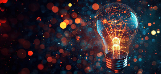 Poster - Glowing light bulb with vibrant bokeh background showcasing creativity and innovation.