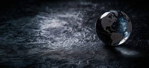 Poster - Black and white globe on textured surface representing global connectivity and geography.