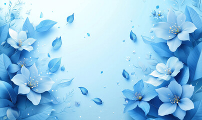 Poster - Blue floral background with delicate flowers and leaves in soft pastel tones.