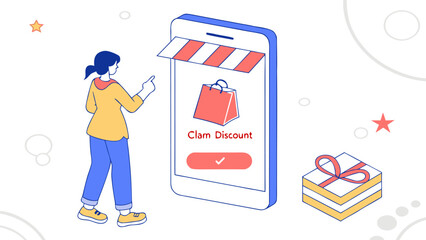 Poster - Woman interacting with a phone showing a clam discount and a gift box on a white background with stars