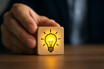 Poster - Hand holding wooden cube with glowing yellow lightbulb symbol representing innovation creative thinking bright idea success concept in modern office or business strategy
