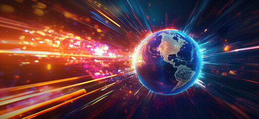 Poster - Earth in motion with vibrant light trails representing speed and energy.