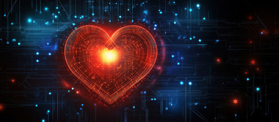 Poster - Digital heart symbol glowing in vibrant red against a futuristic technology background.