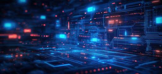 Poster - Futuristic digital circuit board with glowing blue and red lights in abstract technology background.