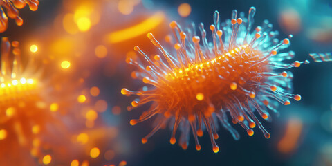 Poster - Microscopic view of vibrant bacteria with glowing filaments and intricate details.
