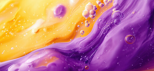 Poster - Colorful abstract liquid art with purple and yellow swirls and bubbles.