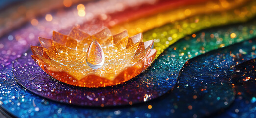 Poster - Colorful water droplet on vibrant lotus flower design with rainbow background.