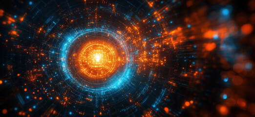 Poster - Futuristic digital vortex with glowing orange and blue lights in abstract space.