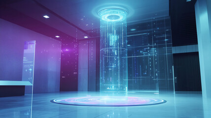 Poster - Futuristic holographic portal in modern interior space with glowing digital effects.