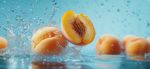 Poster - Fresh peaches splashing in water with vibrant colors and dynamic motion.