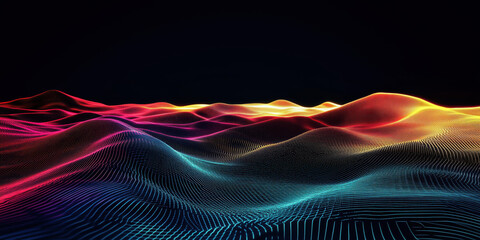 Poster - Colorful abstract wave patterns with glowing lines and gradients in dark background.