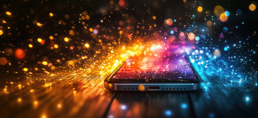 Poster - Smartphone with vibrant cosmic light effects and colorful sparkles on wooden surface.