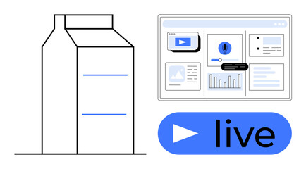 Poster - Milk carton next to a digital screen featuring graphs, video, and notification icons, and a live button. Ideal for online streaming, marketing, data monitoring, e-commerce, abstract technology