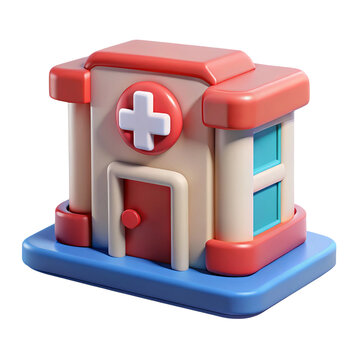 Cute cartoon hospital building with red roof and white cross symbol isolated on transparent background