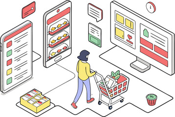 Poster - Isometric illustration of a woman shopping online using multiple devices and a shopping cart full of items