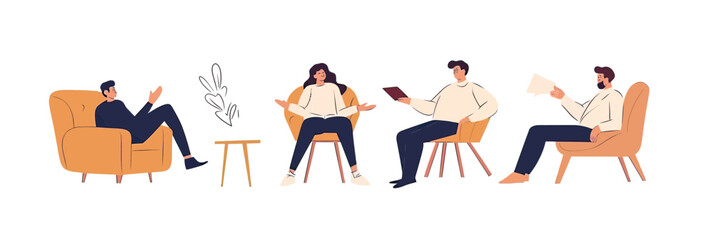 Poster - Group business meeting with diverse colleagues discussing ideas sitting in armchairs around small table in modern office environment flat vector illustration