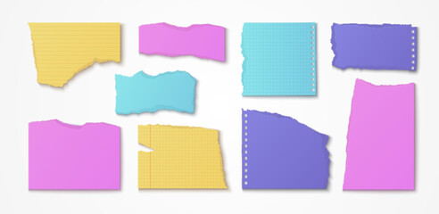 Poster - Colorful torn paper scraps - realistic notebook pieces with ripped edges, lined sheets, grid patterns. Bright scrapbook materials for memory album, creative journal, craft and playful collage design.